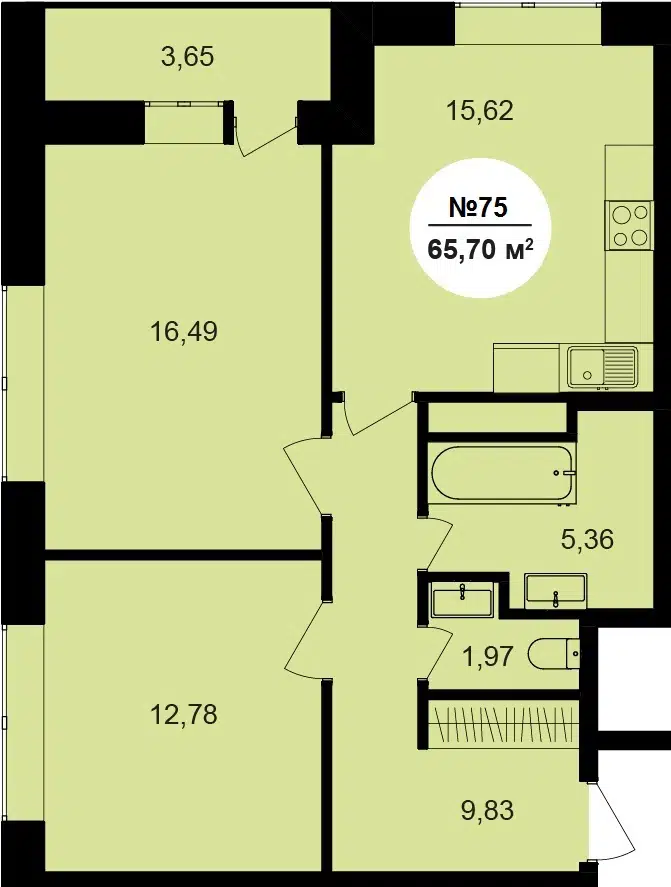Планировка: 2-комн. квартира 65.70 м² в новостройке Парковый Центр