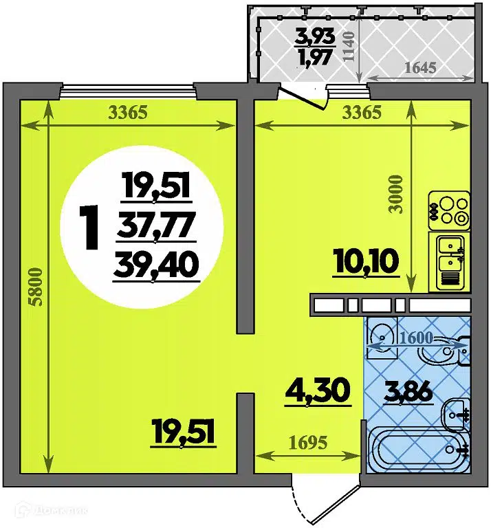 Планировка: 1-комн. квартира 39.40 м² в новостройке Город у моря