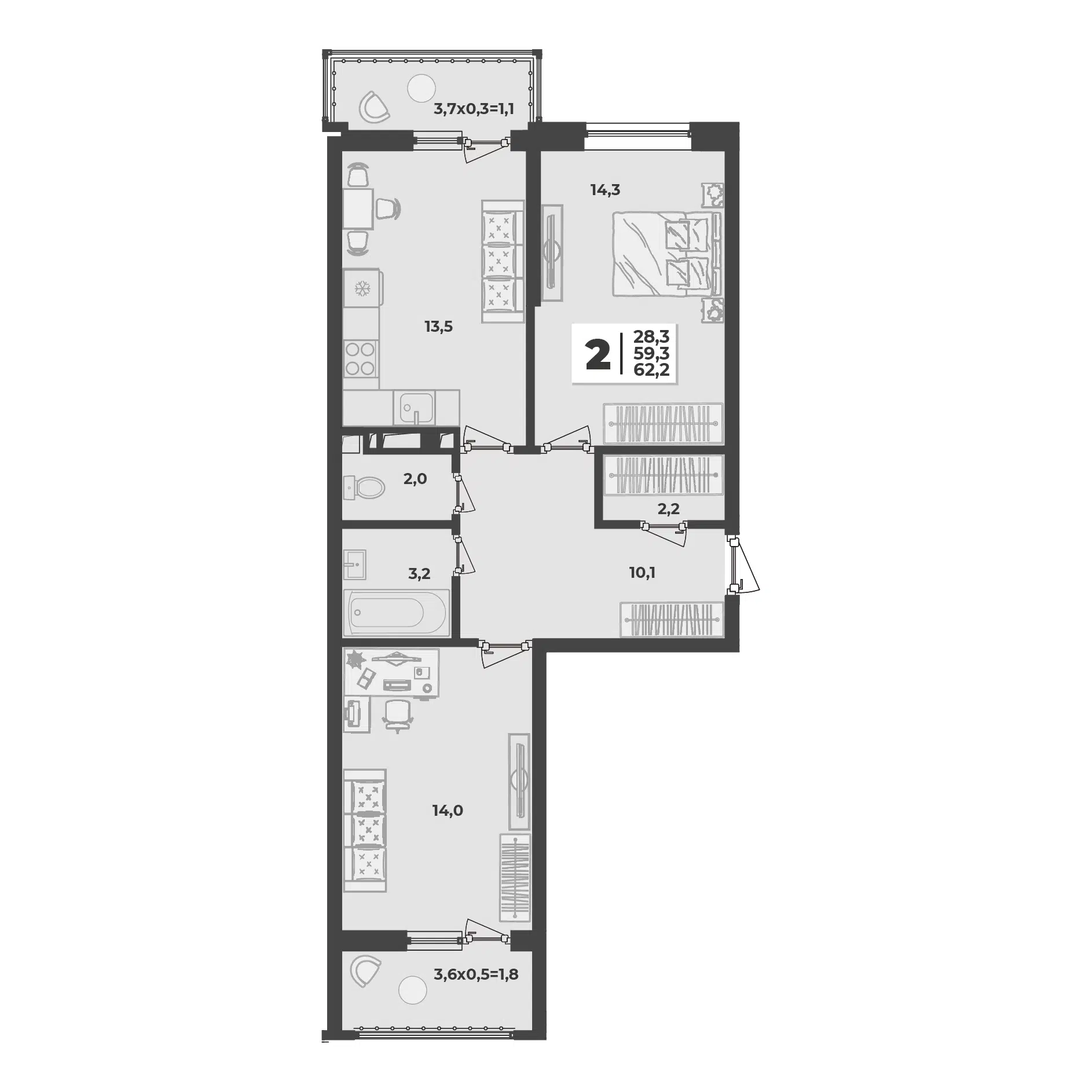 Планировка: 2-комн. квартира 62.20 м² в новостройке Лето
