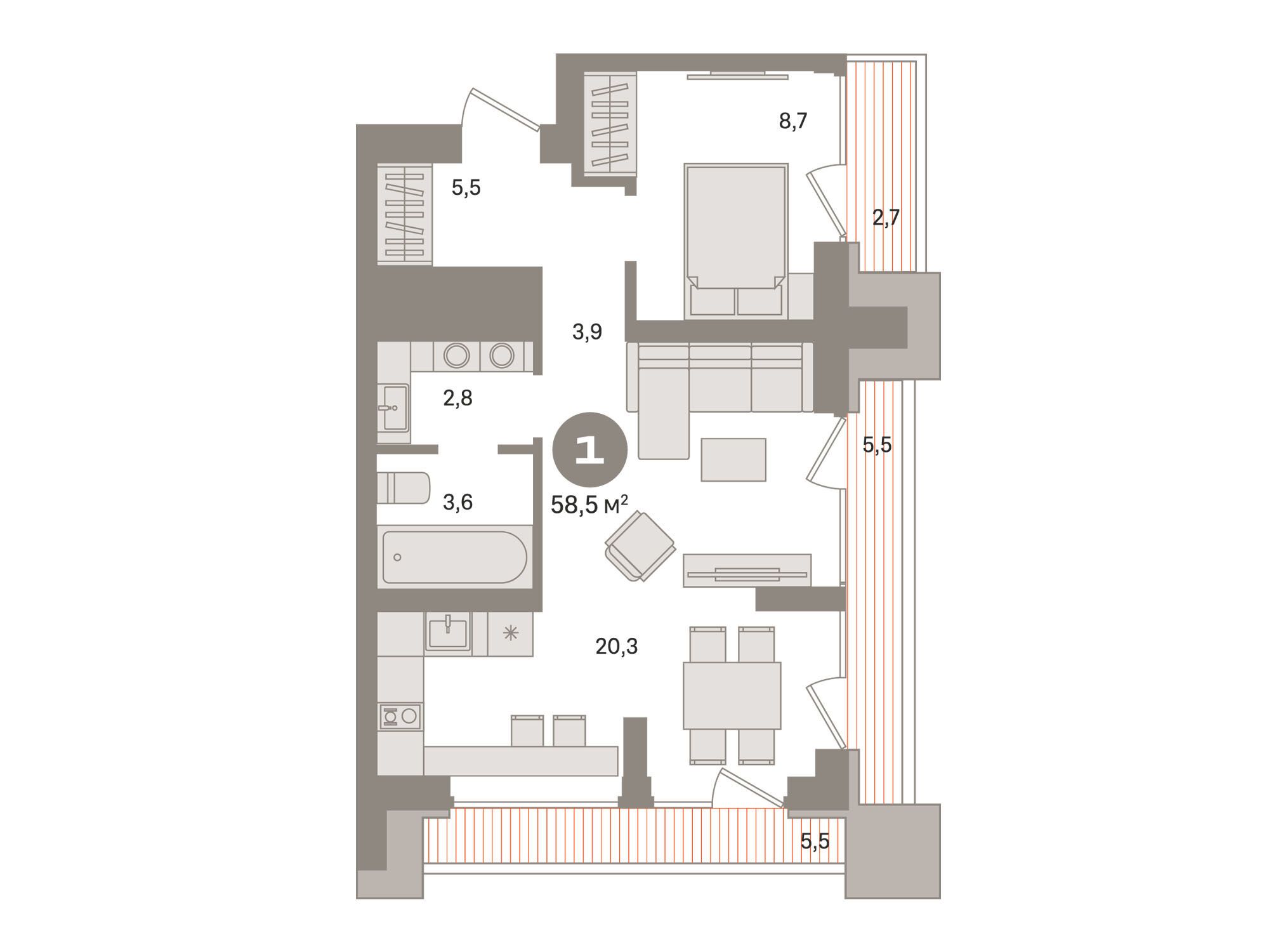 Планировка: 1-комн. квартира 59.00 м² в новостройке Издание