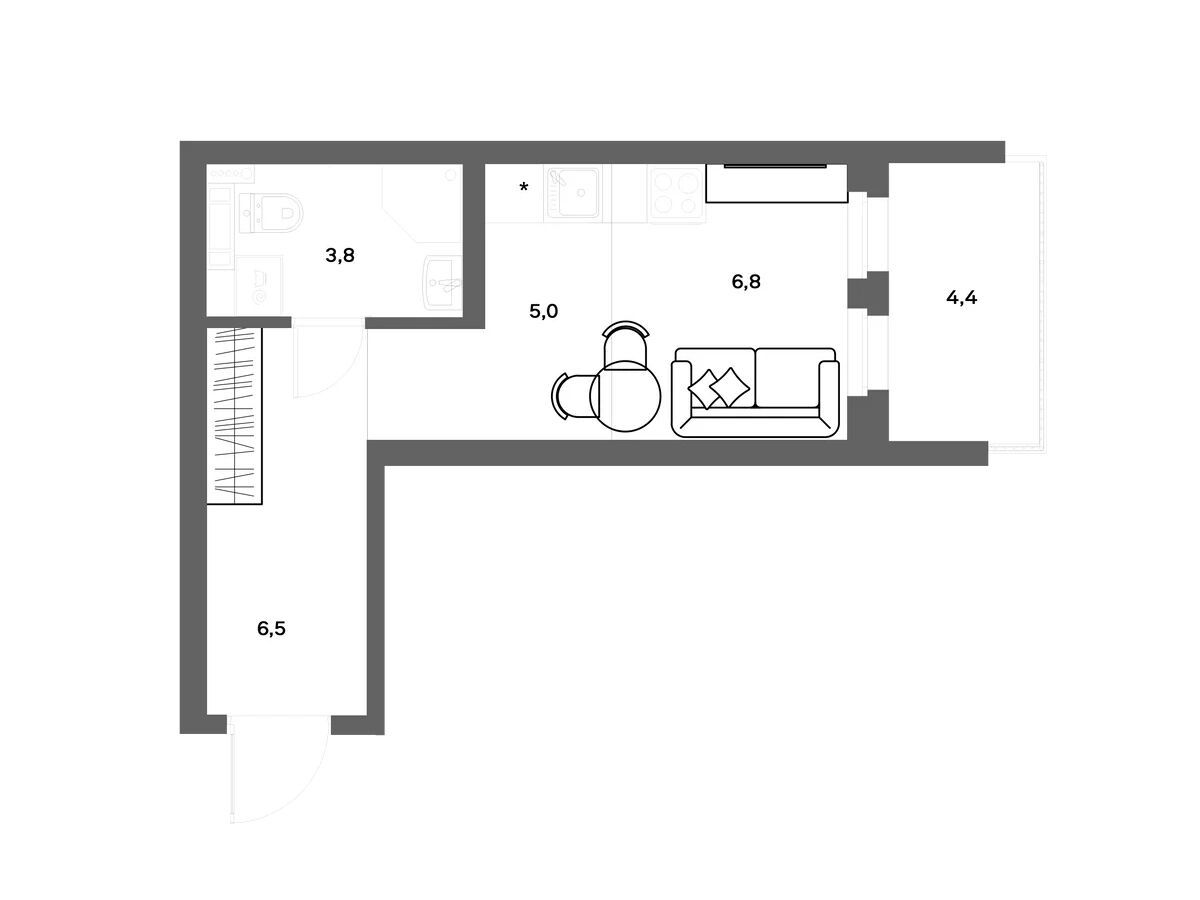 Планировка: Студия 23.40 м² в новостройке Нега