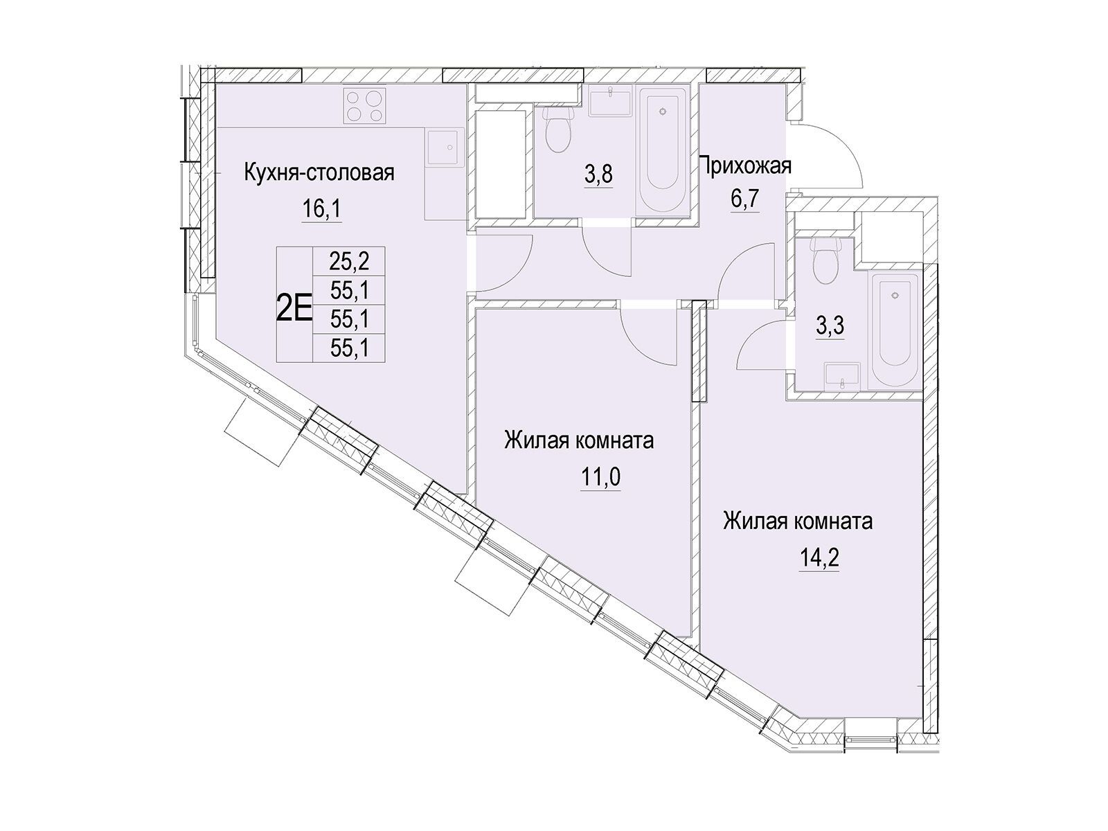 Планировка: 2-комн. квартира 55.10 м² в новостройке Отрадный