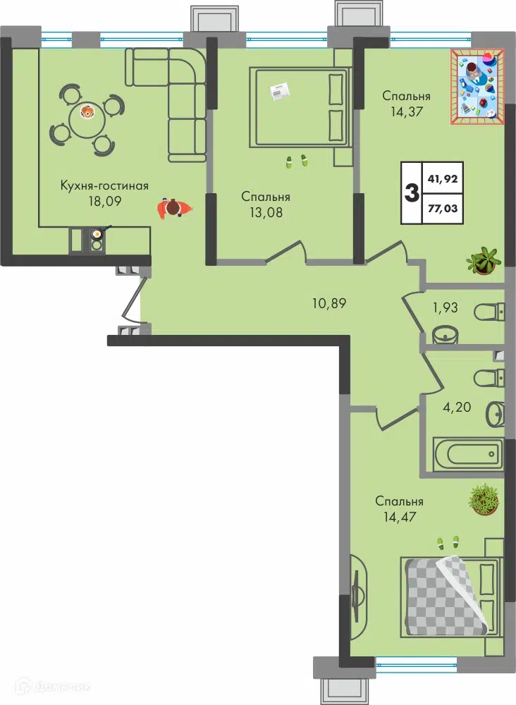 Планировка: 3-комн. квартира 77.00 м² в новостройке Зелёная территория