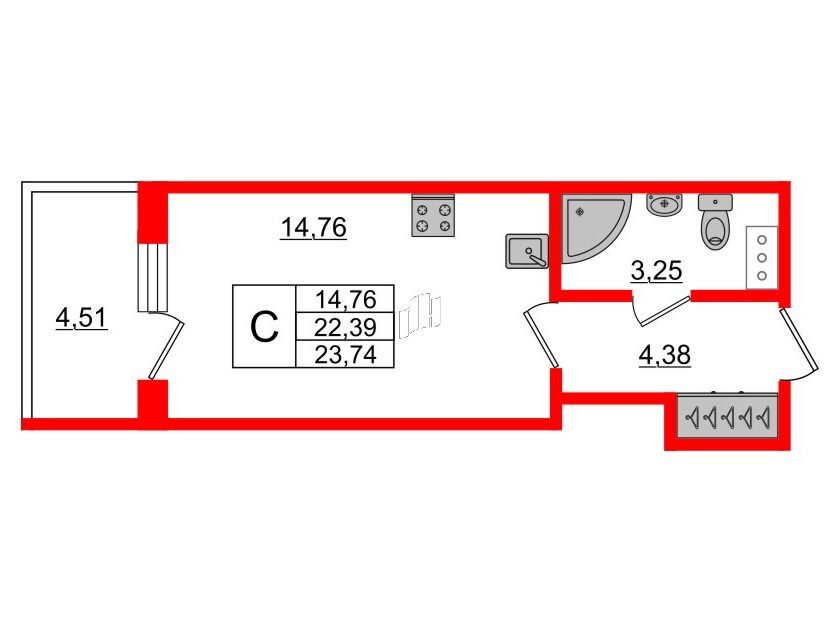 Планировка: Студия 23.74 м² в новостройке Берег. Курортный