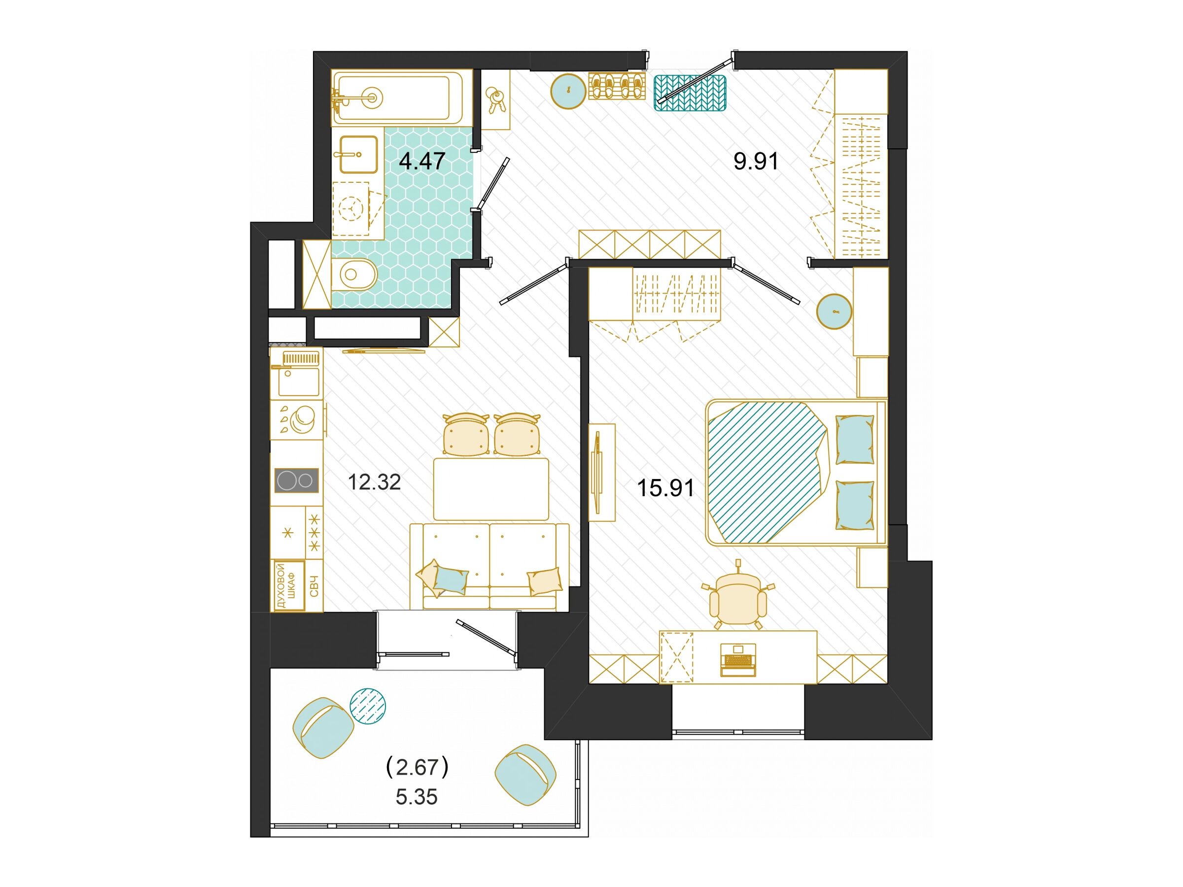 Планировка: 1-комн. квартира 45.28 м² в новостройке Оптима