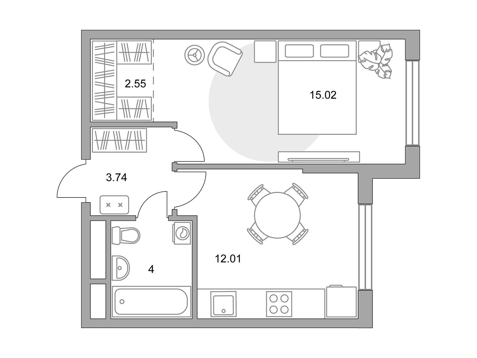 Планировка: 1-комн. квартира 37.32 м² в новостройке Притяжение Сити