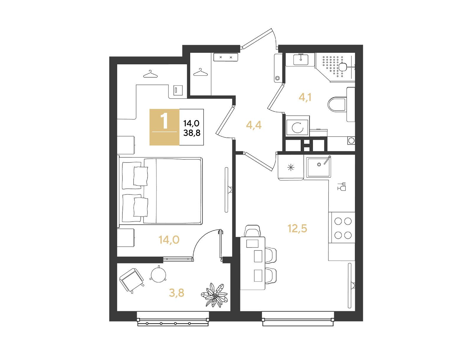 Планировка: 1-комн. квартира 38.80 м² в новостройке Ридз