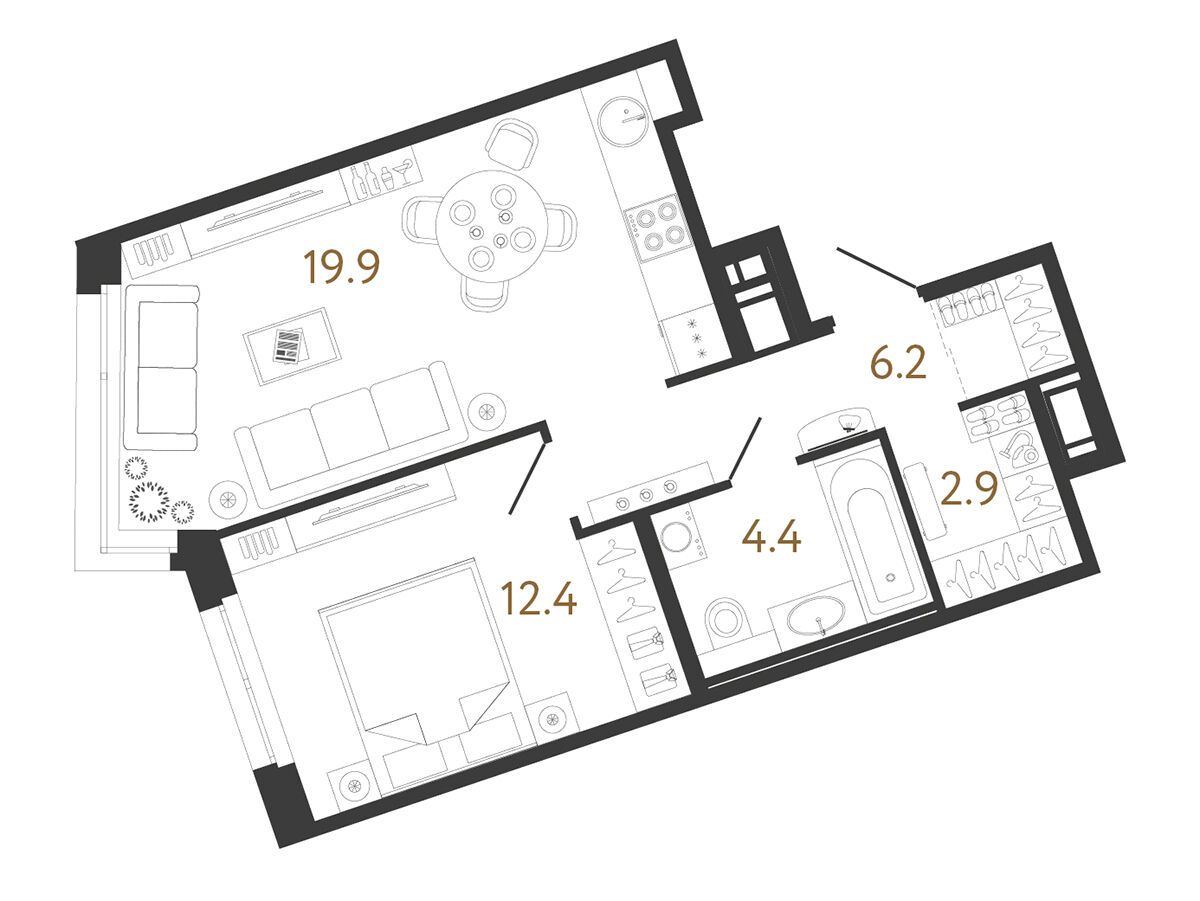 Планировка: 1-комн. квартира 45.80 м² в новостройке Литера