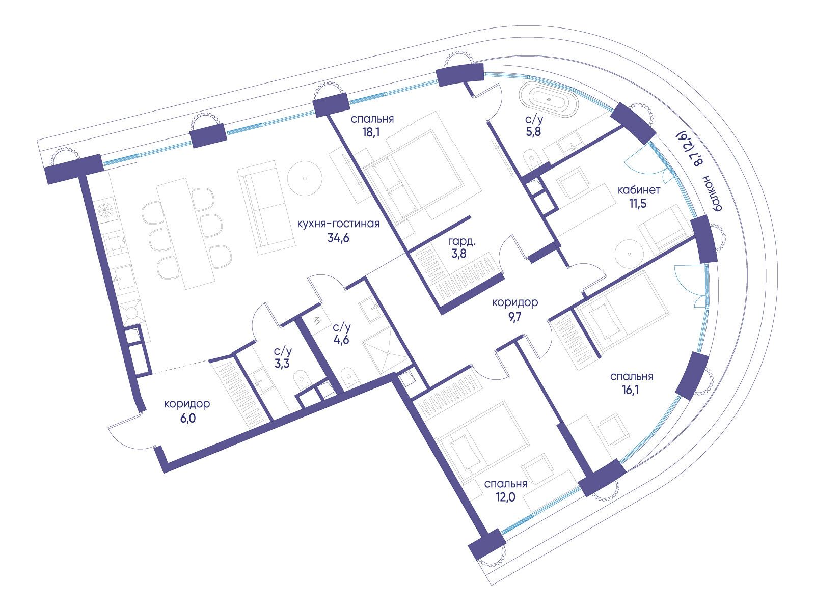 Планировка: 4-комн. квартира 124.70 м² в новостройке ЖК Остров