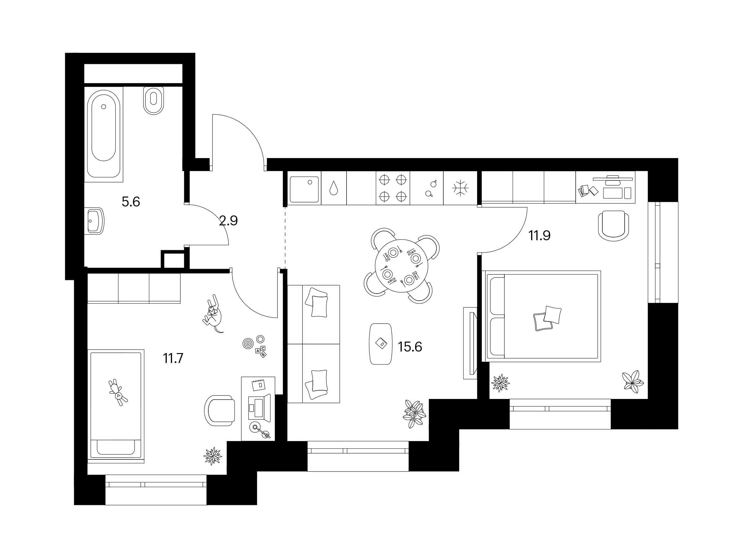 Планировка: 2-комн. квартира 47.70 м² в новостройке Середневский лес