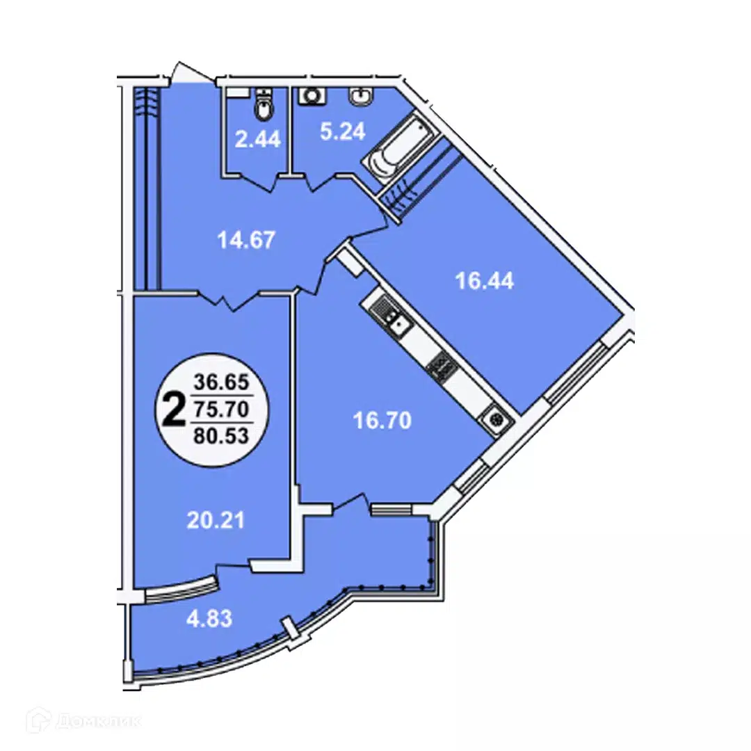 Планировка: 2-комн. квартира 80.53 м² в новостройке Краснодар Сити