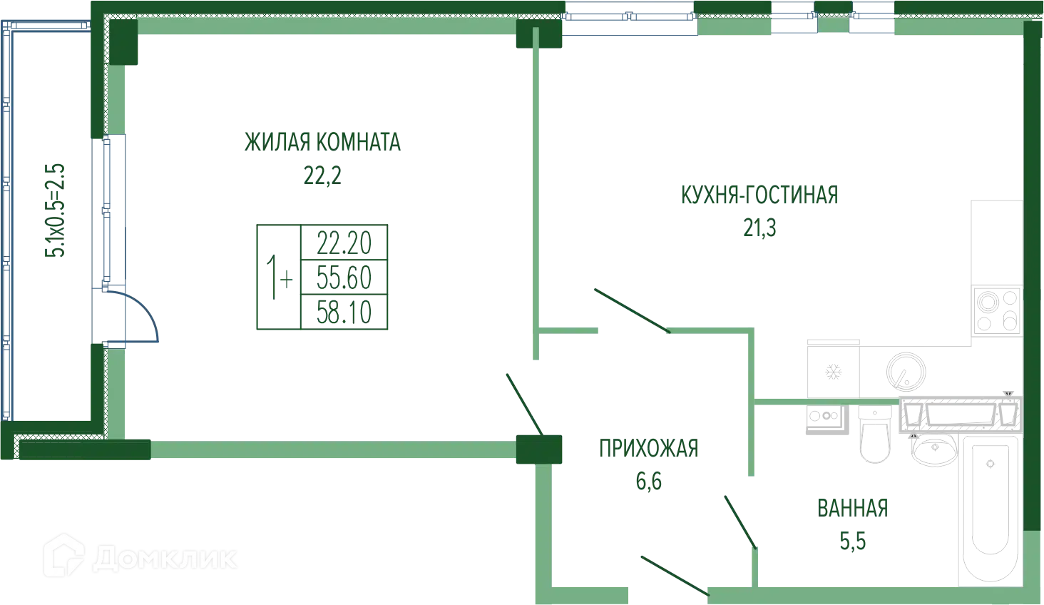 Планировка: 1-комн. квартира 59.25 м² в новостройке Екатерининский парк