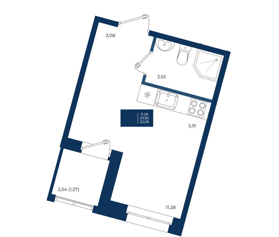 Планировка: Студия 22.09 м² в новостройке Новатория