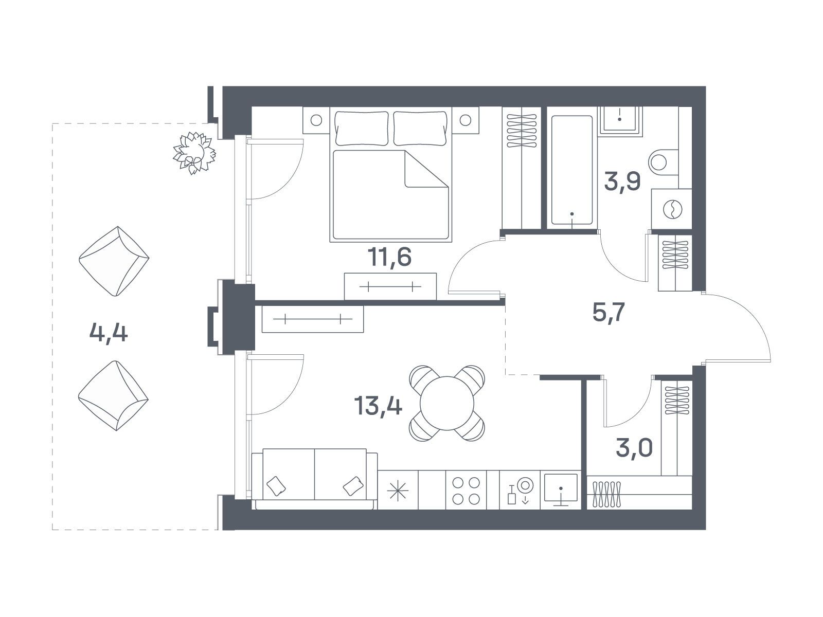 Планировка: 1-комн. квартира 42.00 м² в новостройке Портленд. Дом на берегу