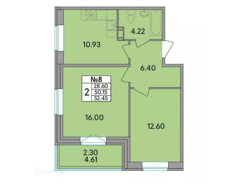 Планировка: 2-комн. квартира 52.00 м² в новостройке Рождественский квартал