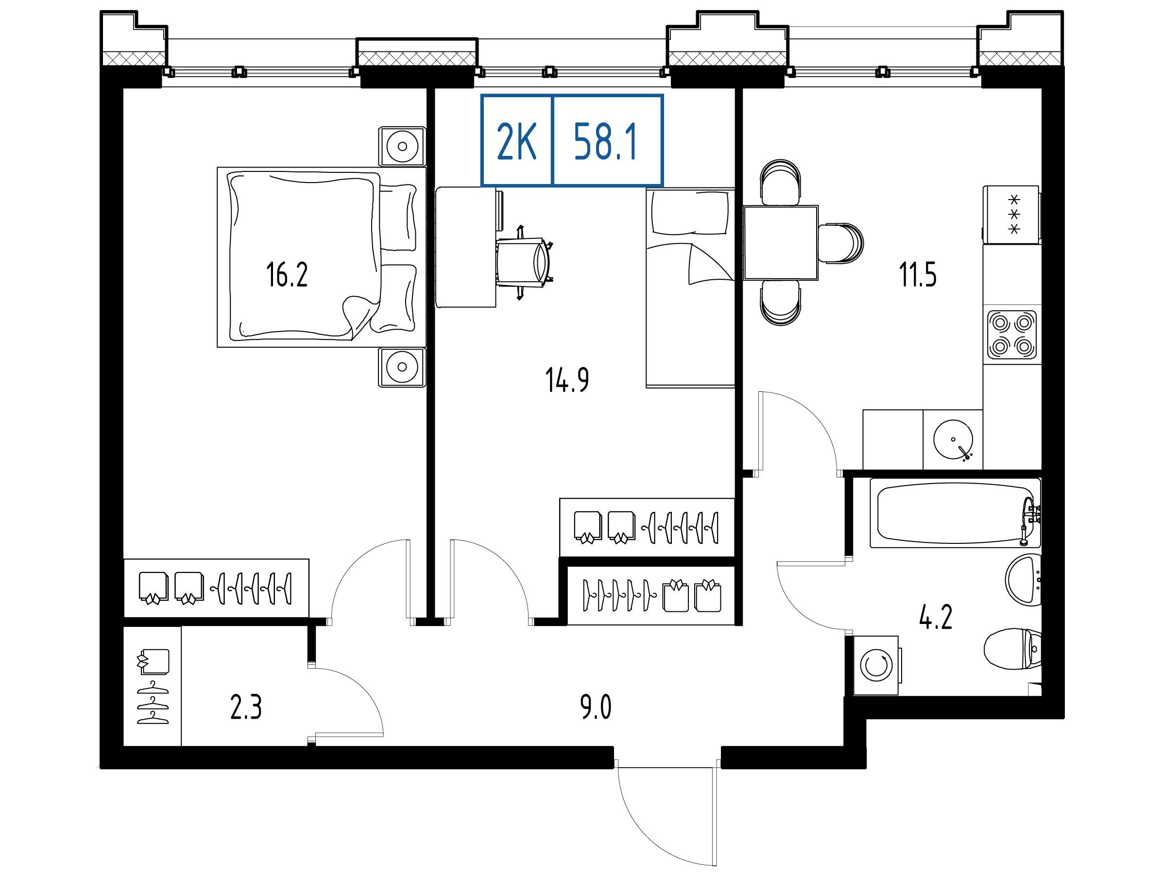 Планировка: 2-комн. квартира 58.10 м² в новостройке Сколково Уан
