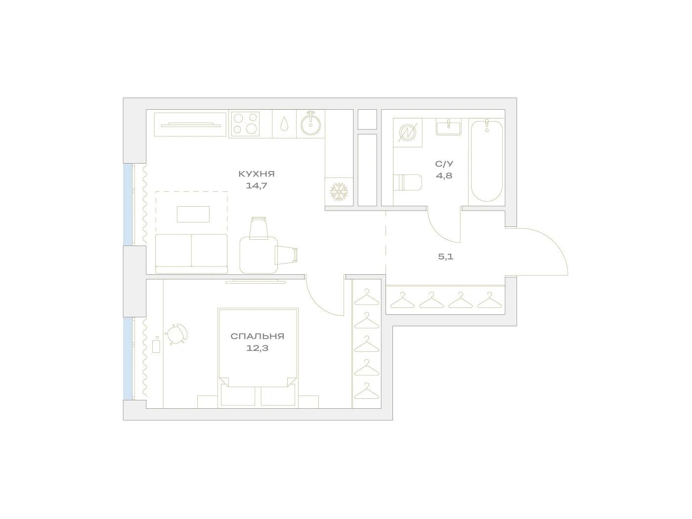 Планировка: 1-комн. квартира 36.90 м² в новостройке Детали
