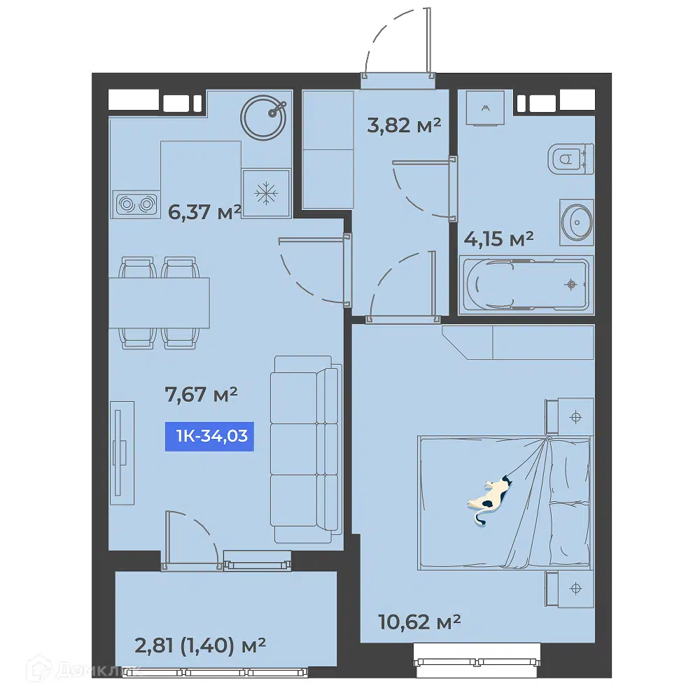 Планировка: 1-комн. квартира 34.03 м² в новостройке Соловей