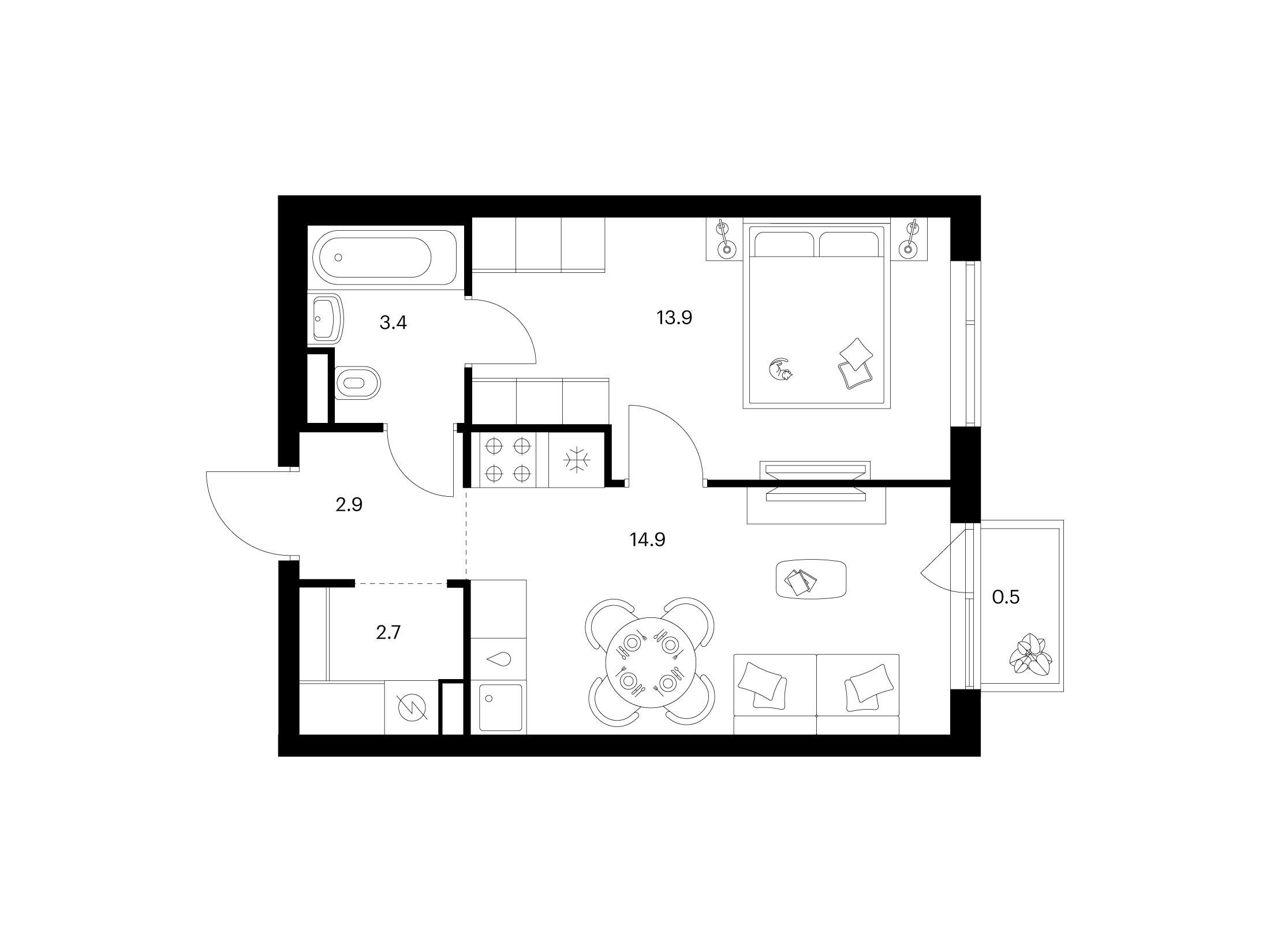Планировка: 1-комн. квартира 38.30 м² в новостройке Бунинская набережная