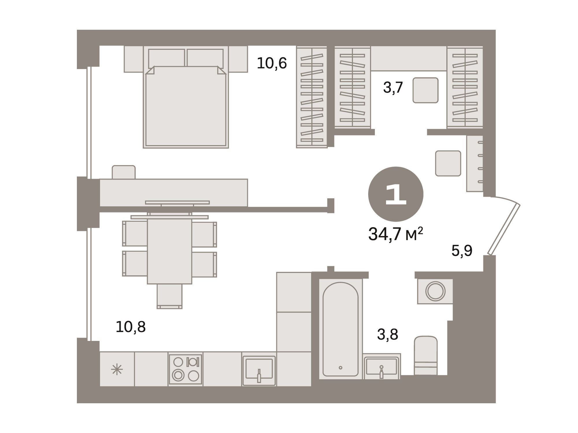 Планировка: 1-комн. квартира 34.70 м² в новостройке Квартал Герцена