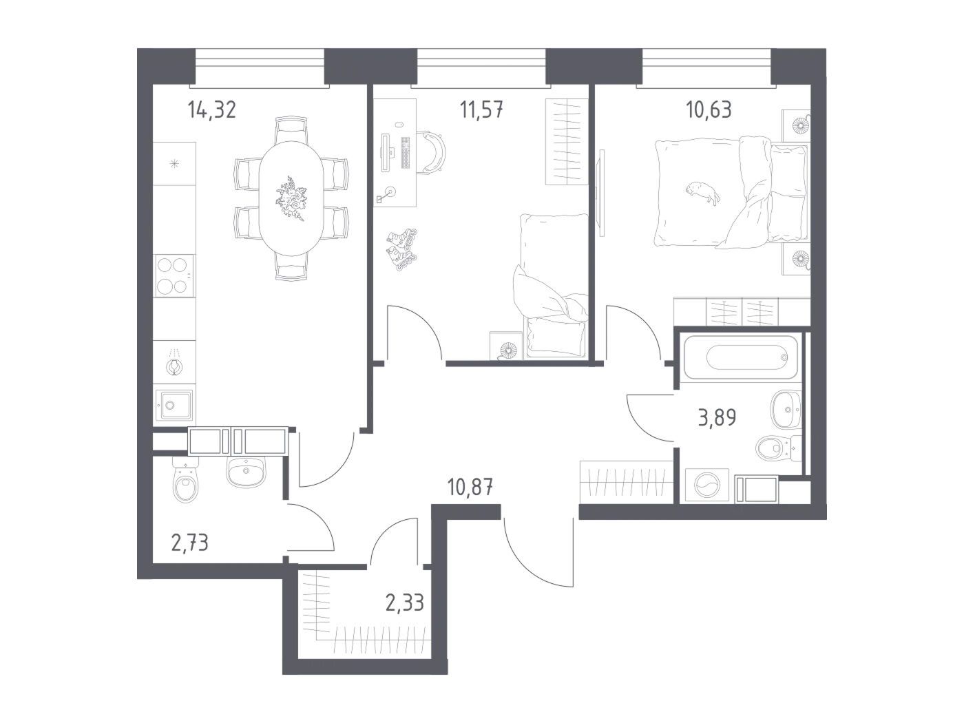 Планировка: 2-комн. квартира 56.34 м² в новостройке Эко Бунино