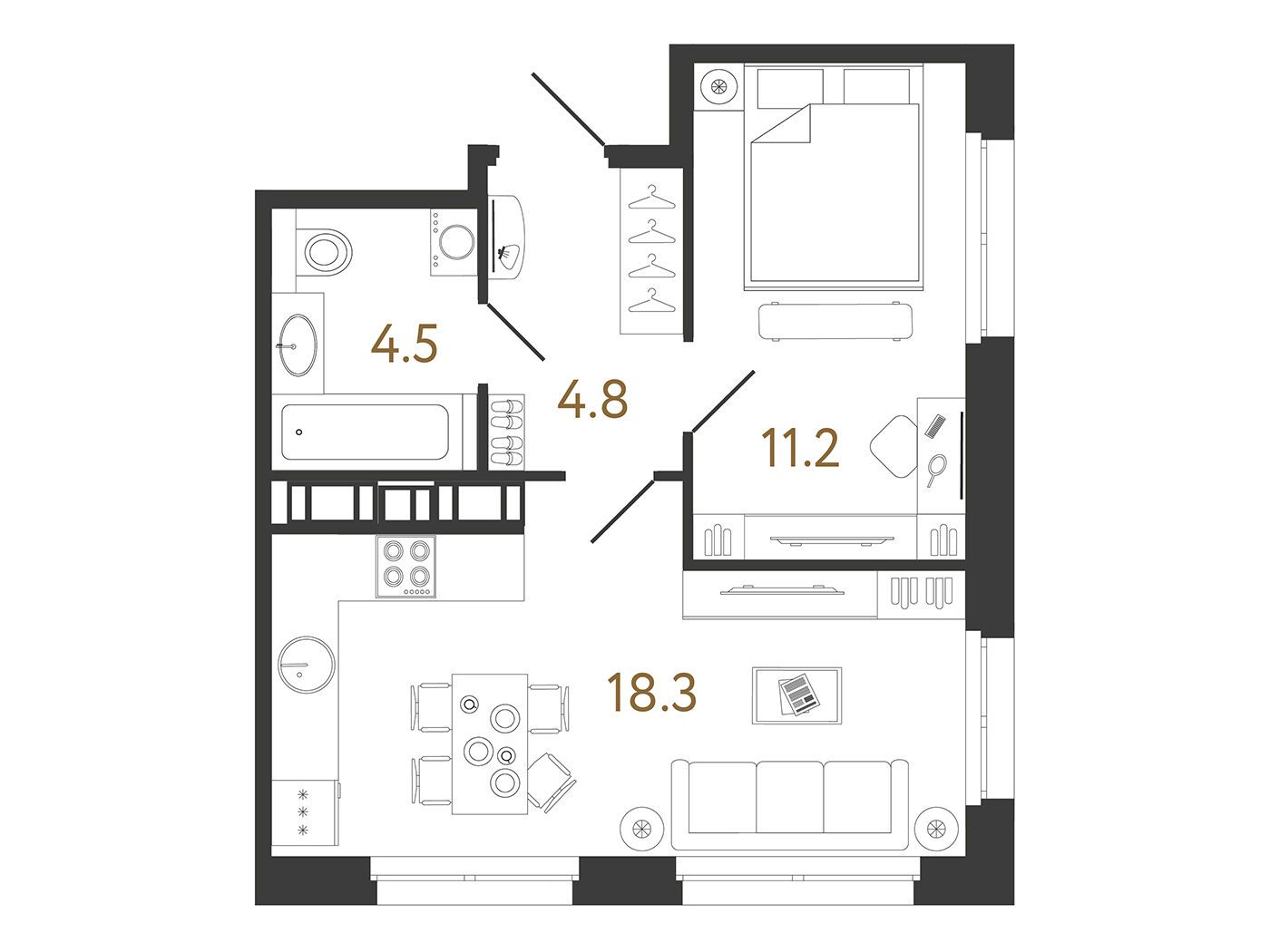 Планировка: 1-комн. квартира 38.30 м² в новостройке Куинджи