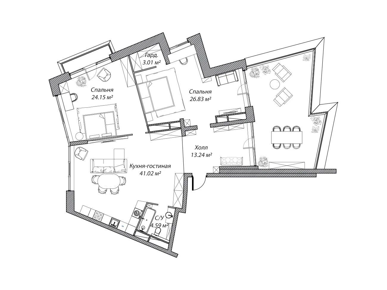 Планировка: 3-комн. квартира 112.80 м² в новостройке Рублево
