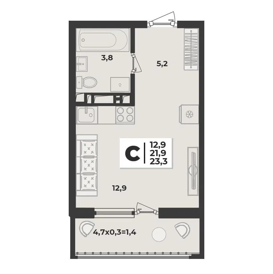 Планировка: Студия 23.30 м² в новостройке Лето