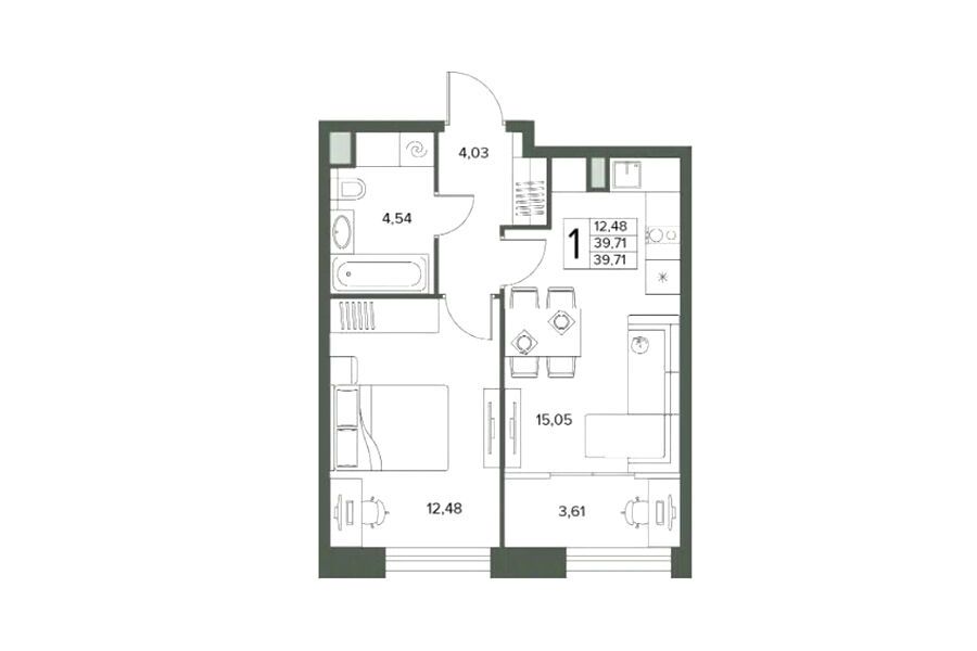 Планировка: 1-комн. квартира 39.71 м² в новостройке Городской бор