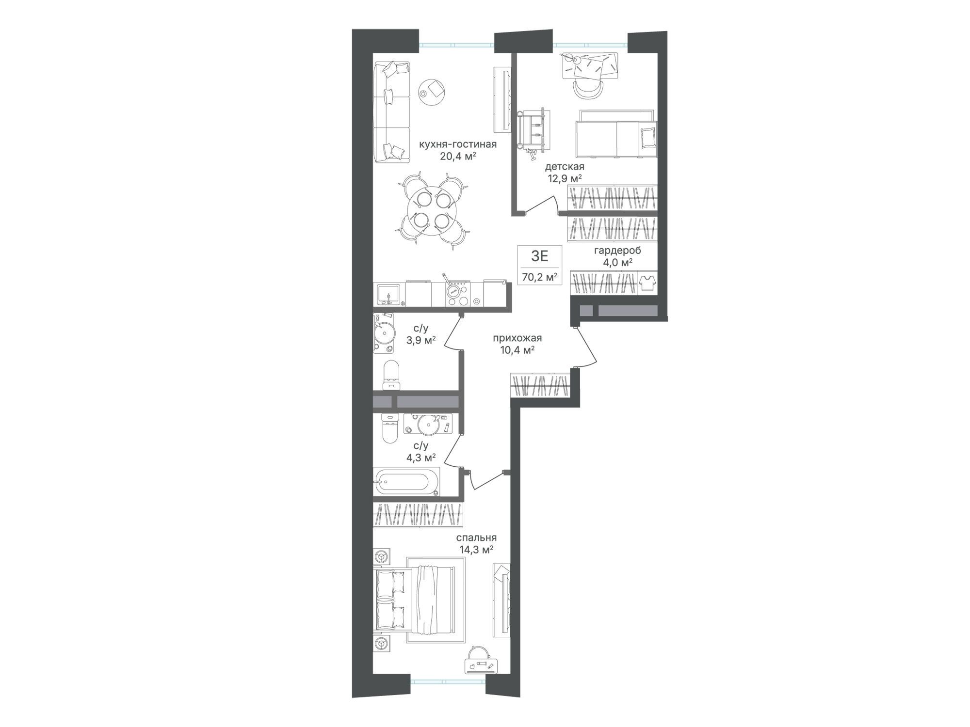 Планировка: 2-комн. квартира 70.20 м² в новостройке Семеновский парк 2