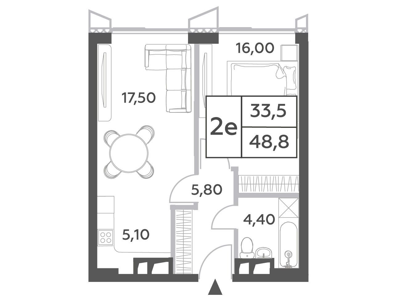 Планировка: 2-комн. квартира 48.80 м² в новостройке Вилл Тауэрс