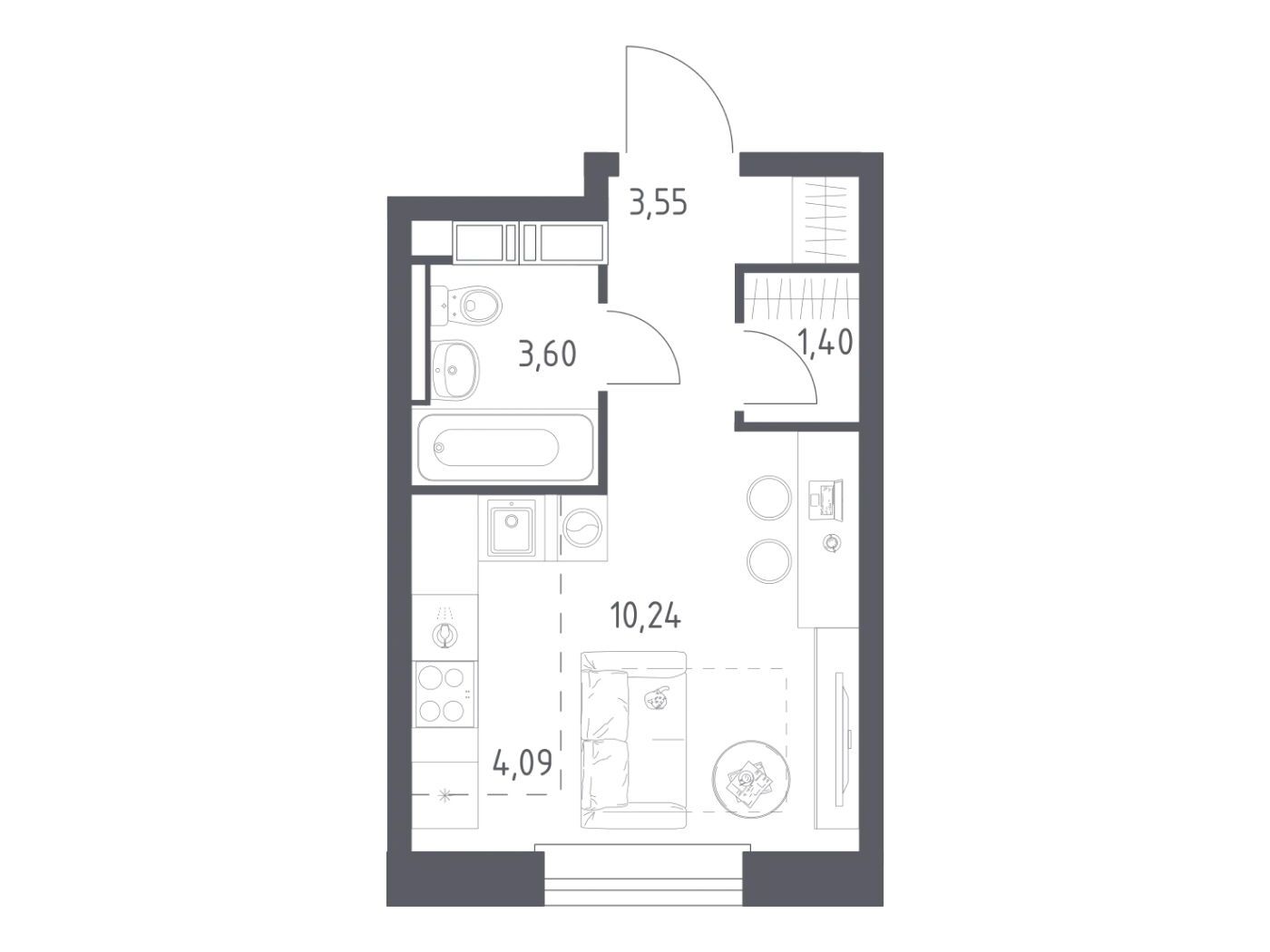 Планировка: Студия 22.88 м² в новостройке Эко Бунино