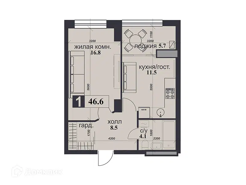 Планировка: 1-комн. квартира 46.60 м² в новостройке Надежда