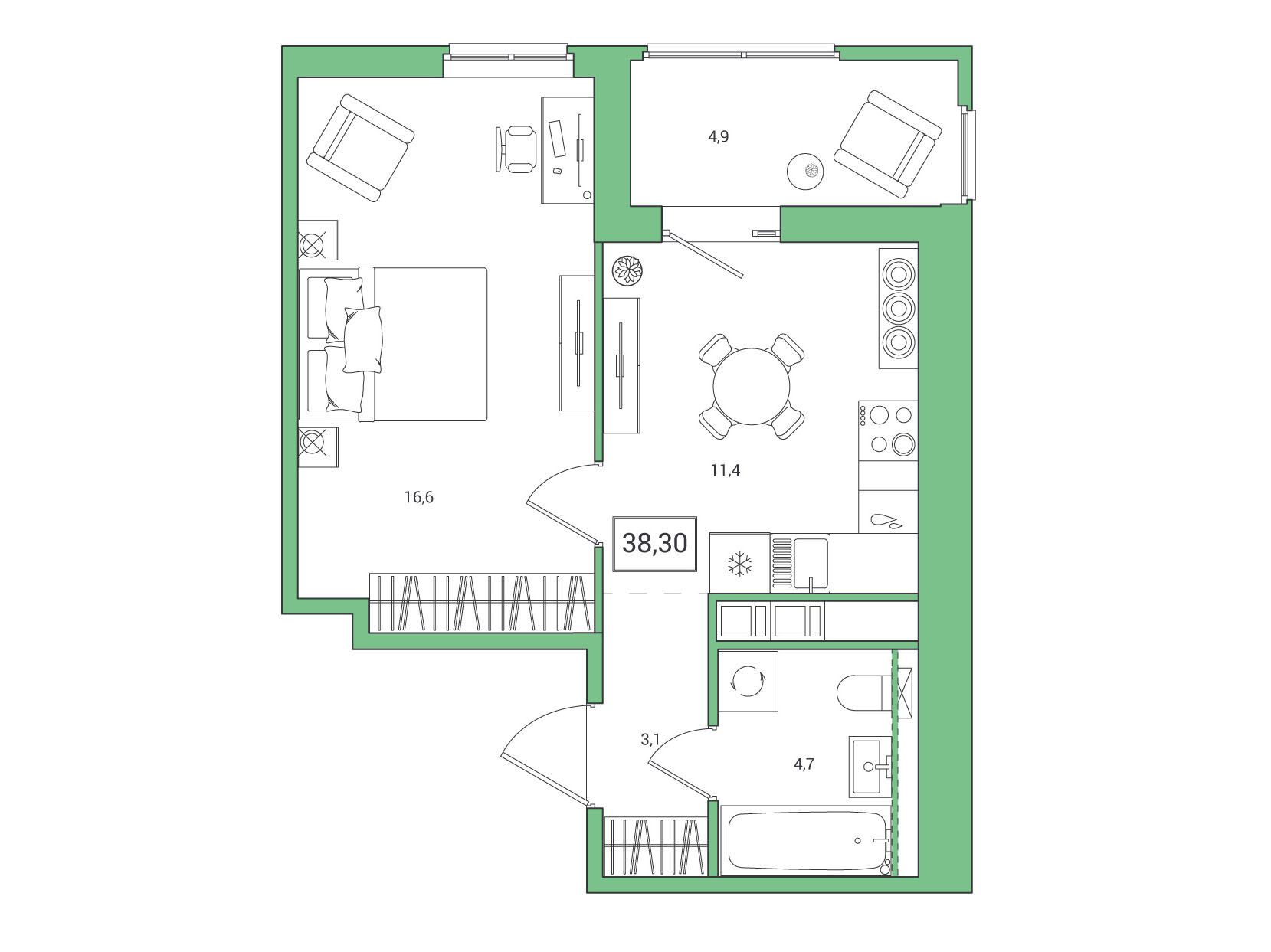 Планировка: 1-комн. квартира 38.30 м² в новостройке Янила Форест