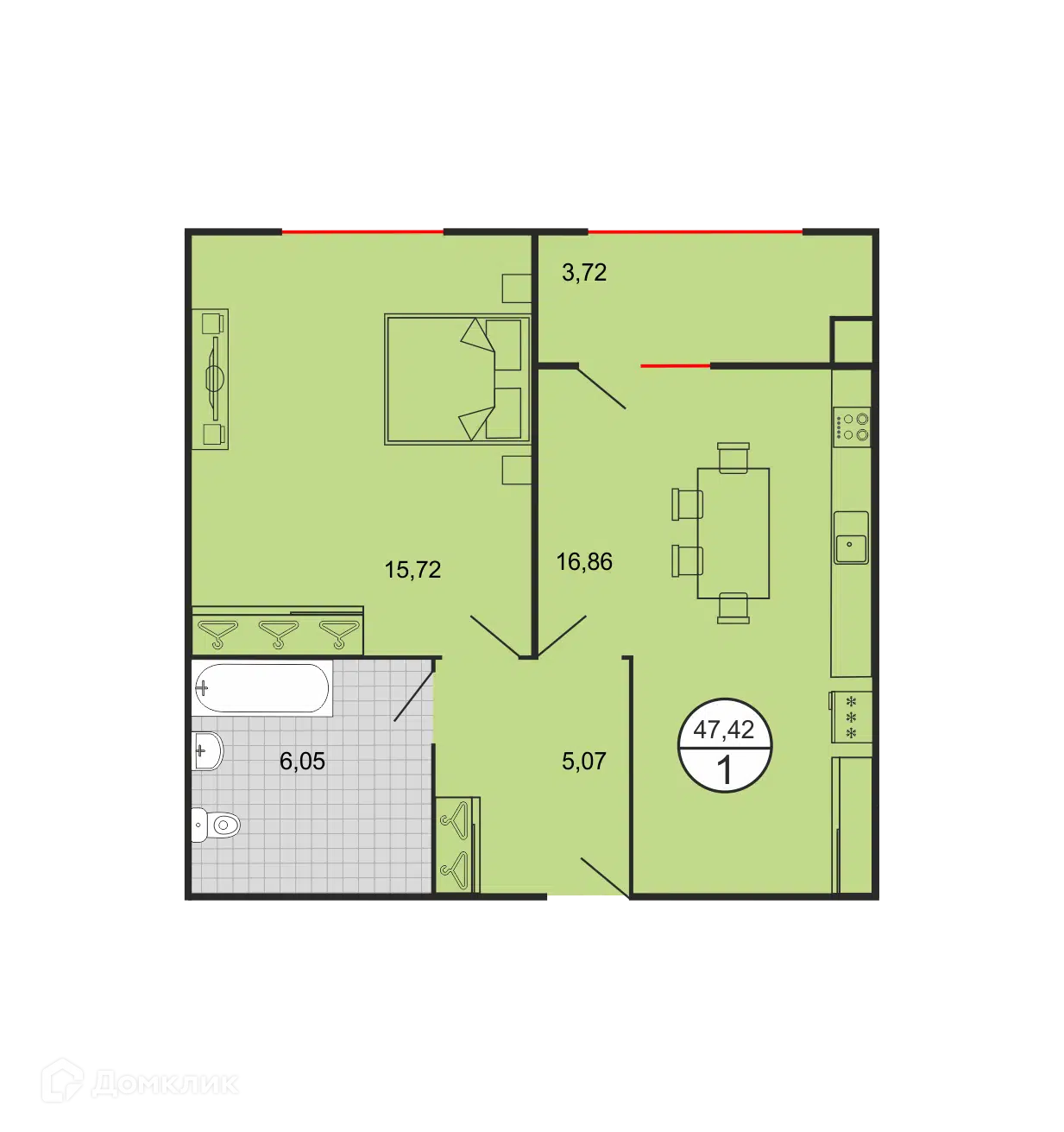 Планировка: 1-комн. квартира 47.42 м² в новостройке Дыхание