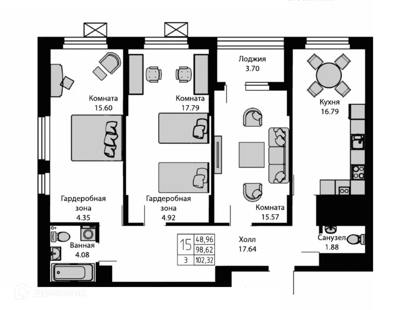 Планировка: 3-комн. квартира 102.32 м² в новостройке Ривьера