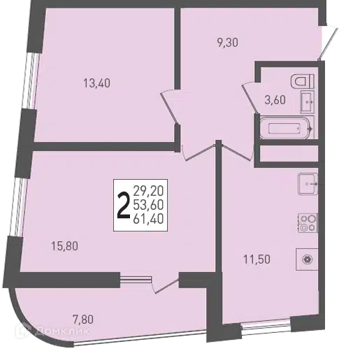 Планировка: 2-комн. квартира 61.40 м² в новостройке Огурцы