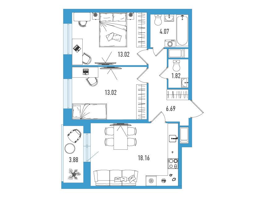 Планировка: 2-комн. квартира 58.72 м² в новостройке Искра Сити