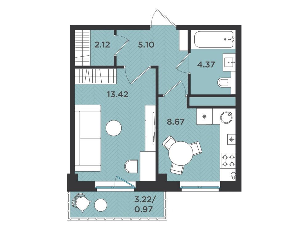 Планировка: 1-комн. квартира 34.65 м² в новостройке Новокасимово