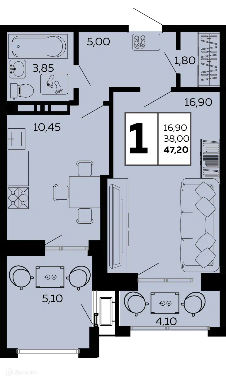Планировка: 1-комн. квартира 47.20 м² в новостройке Мост