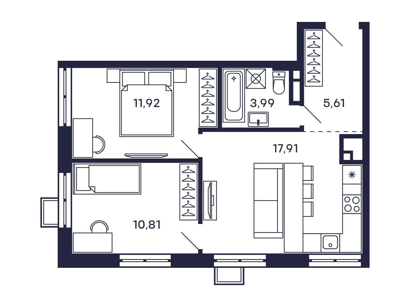 Планировка: 2-комн. квартира 52.25 м² в новостройке Тетрис