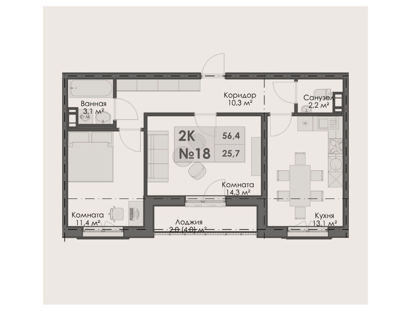 Планировка: 2-комн. квартира 56.40 м² в новостройке На Большом Смоленском
