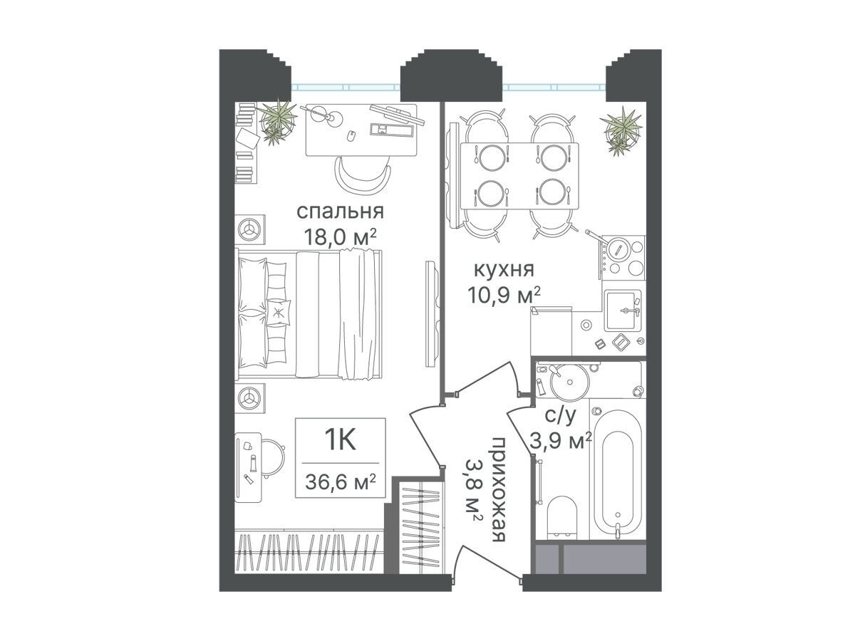 Планировка: 1-комн. квартира 36.60 м² в новостройке Варшавские ворота
