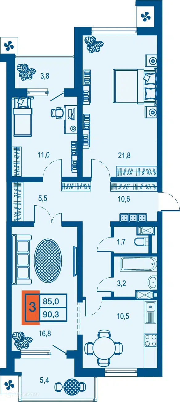 Планировка: 3-комн. квартира 85.00 м² в новостройке Дом у озера