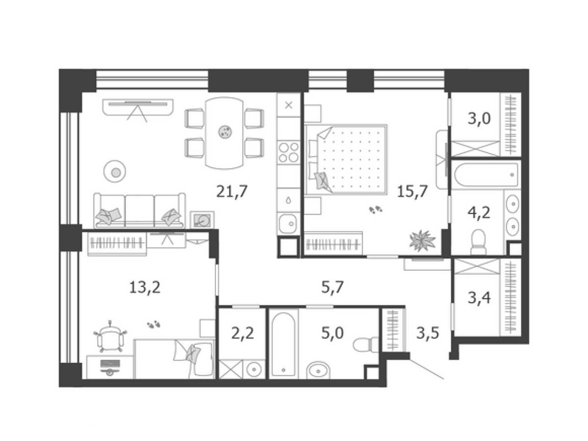 Планировка: 2-комн. квартира 77.60 м² в новостройке Шагал