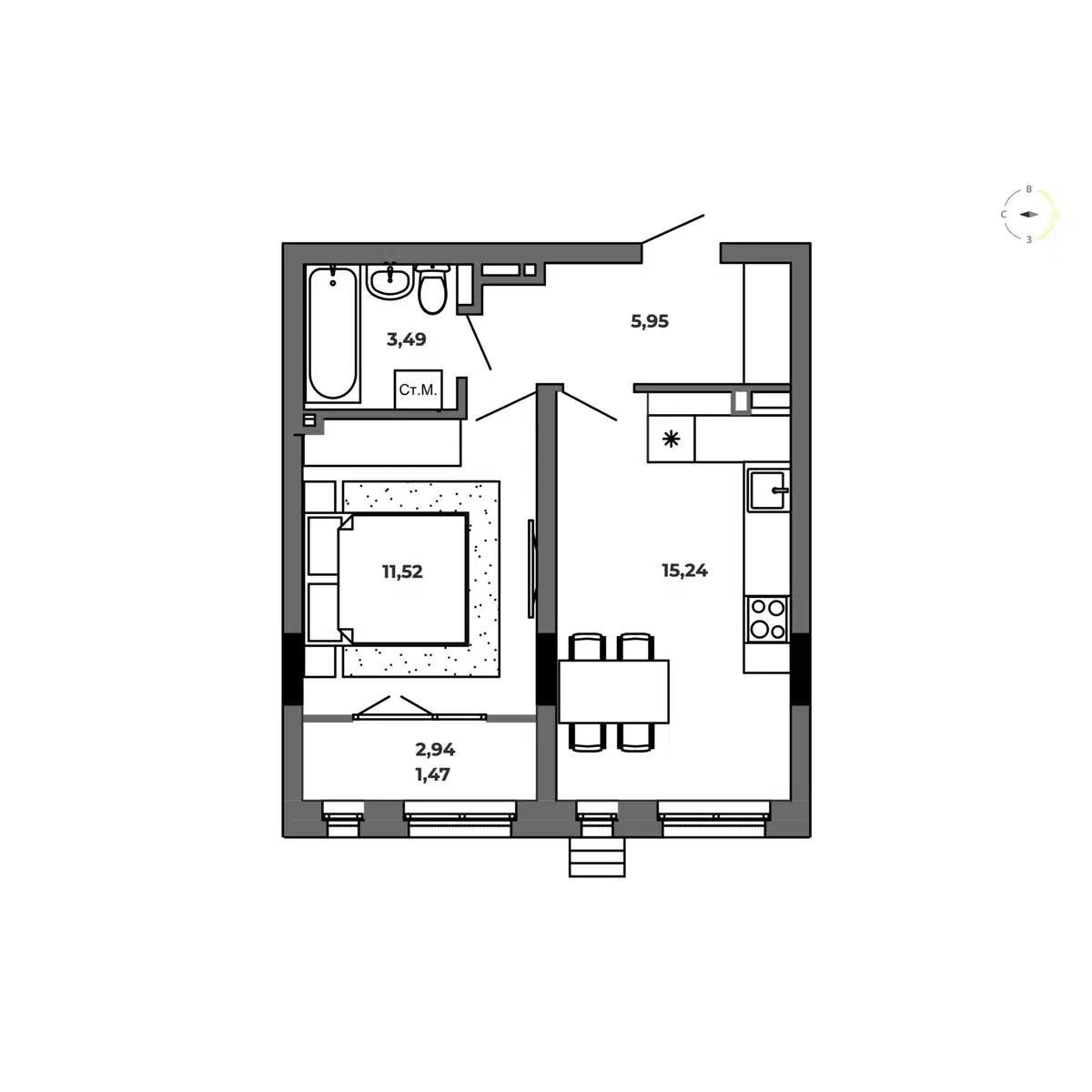 Планировка: 1-комн. квартира 37.67 м² в новостройке Красный Пахарь