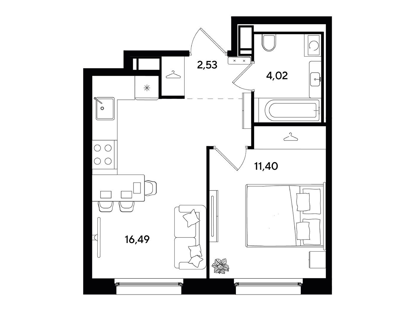 Планировка: 1-комн. квартира 34.44 м² в новостройке Догма Юкки 2