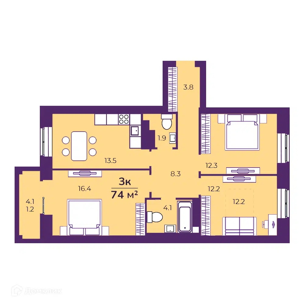 Планировка: 3-комн. квартира 73.66 м² в новостройке Квартал 33