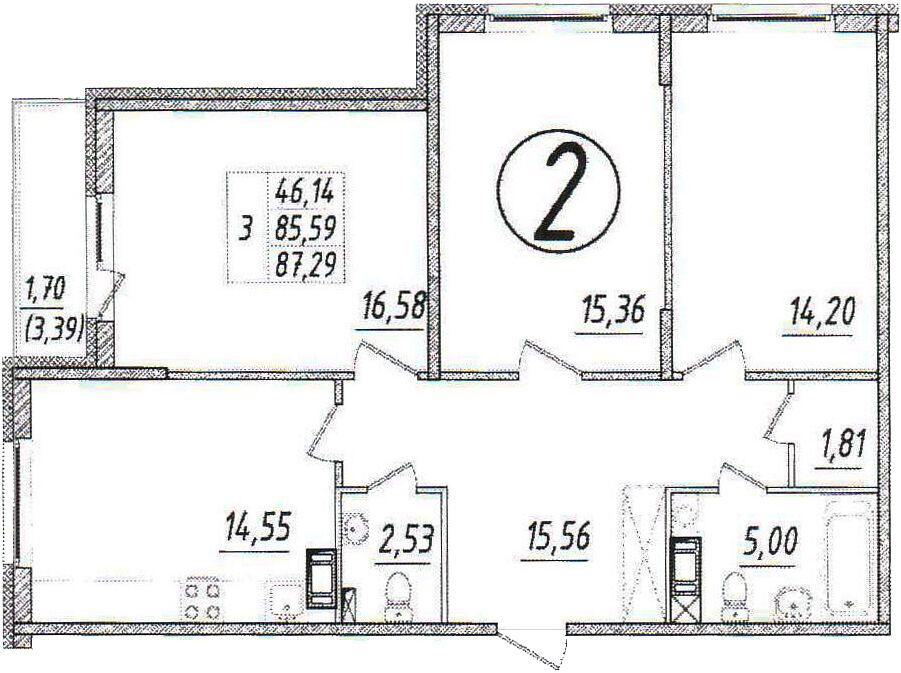 Планировка: 3-комн. квартира 87.50 м² в новостройке Ингрия Лэнд