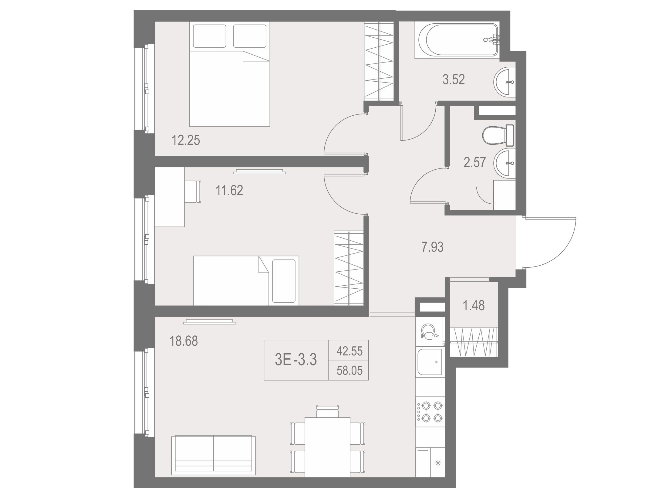 Планировка: 2-комн. квартира 58.05 м² в новостройке Зум на Неве